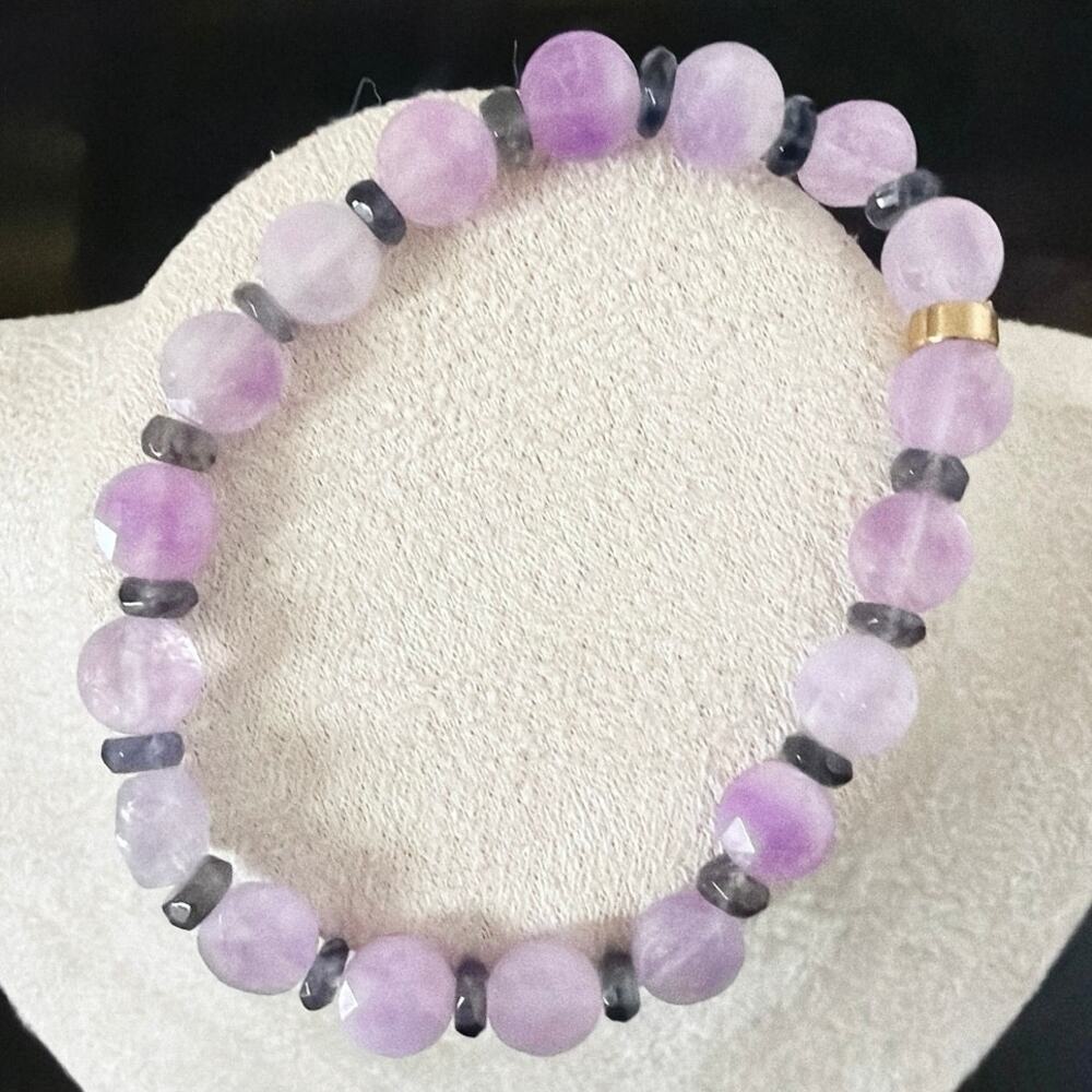 Second Bloom Studio Artisan Rose Quartz Iolite Stretch Bracelet 6.75" Pink Blue